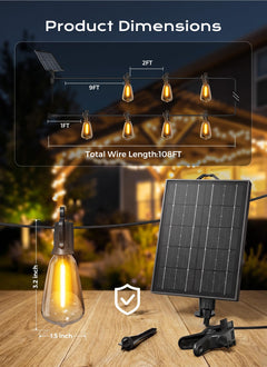 108FT Outdoor Waterproof Solar String Lights, 30+Hrs Runtime, 50+2 LED, USB, Remote Timer
