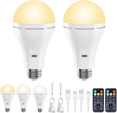 2 Pack A70 USB Rechargeable Emergency Light Bulb with Remote for Power Outage, 700LM