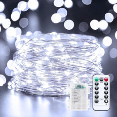 33FT 100LED Pure White Fairy Lights - Battery Operated, Waterproof, Remote Control