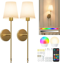 Battery Operated Wall Sconces Set of 2 - Cordless, Rechargeable, Dimmable Lights for Bedroom & Living Room (Gold)