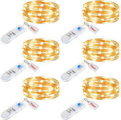 6 Pack 7ft 20 LED Battery Operated Silver Wire Firefly String Lights, Warm White