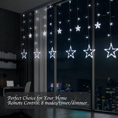 Plug In 9ft 138 LED 12 Star Drops Christmas Window Lights with Remote, 8 Modes, White