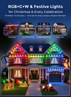 50ft RGBCW+IC LED Permanent Outdoor Christmas Lights, IP67, 16M Colors, App&Remote, Music Sync