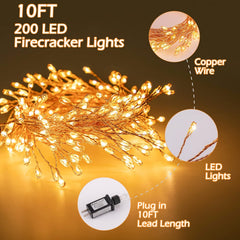 10Ft 200LED Plug in Firecracker Cluster Firefly Lights, Copper Wire, 8 Modes, Warm White