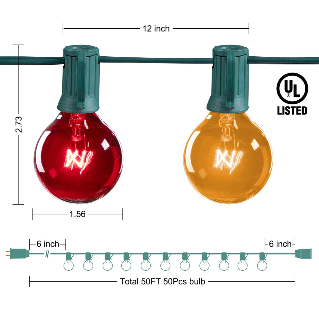 50 Feet / 50 Bulbs / Green Wire