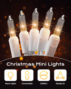 20Ft 100 LED Plug in Clear Mini Incandescent Bulbs String Light for Christmas Trees, White Wire