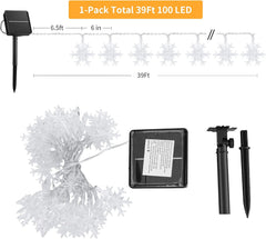 39 FT 100 LED Solar Powered Christmas Snowflake String Lights with 8 Modes, Warm White