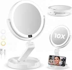 Rechargeable Foldable 1X & 10X Magnification Makeup Mirror with Lights and Smart Battery Display