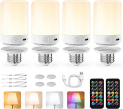 4 Pack E26 Rechargeable 5200mAh Light Bulbs with Remote for Lamps, Timer & 9 RGB Colors
