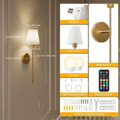 Battery Operated Wall Sconces Set of 2 - Cordless, Rechargeable, Dimmable Lights for Bedroom & Living Room (Gold)