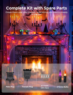40Ft Plug in Mini Bulbs String Light for Halloween Haunted House Party, Orange & Purple