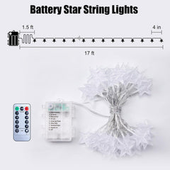17 ft 50 LED Battery Operated Star String Lights with Remote and Timer, Warm White