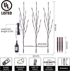 24Inch 60 LED Christmas DIY Twig Pathway Lights, Lighted Branches, Pure White