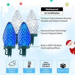 C9 LED Christmas String Lights, 66ft 100 LED Waterproof Strawberry String Lights, Plug-in Extendable Green Wire Lights, Blue and White