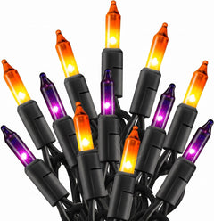20Ft 100 LED Plug in Clear Mini Incandescent Bulbs String Light for Halloween, Orange and Purple