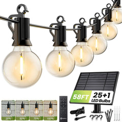 58FT Solar Powered G40 26 LED Bulbs String Lights for Patio Garden Cafe Wedding Deck