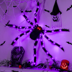 4.9 ft 38 LED Battery Oprated Light Up Black Hairy Giant Spider Halloween Decorations, Purple