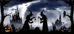 7x16ft Halloween Garage Cover for 2-Car Garage Door with Magnetic Hook and Ropes, Black Witches