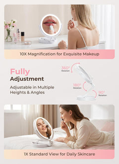 Rechargeable Foldable 1X & 10X Magnification Makeup Mirror with Lights and Smart Battery Display