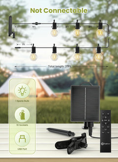 37FT Solar Powered G40 10 LED Bulbs String Lights for Patio Garden Cafe Wedding Deck