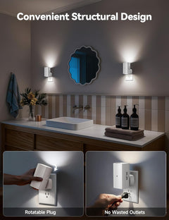 2 Pack White Plug in Night Lights with Rotating Plug & Light Sensor for Bathroom Bedroom, Pure White Light