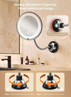 Flexible Gooseneck Battery Operated 10x Makeup Mirror with Lights and Magnification, Black