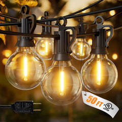 50ft Connectable Patio Lights with 52 G40 LED Plastic Bulbs (2 Spare) for Backyard Bistro Balcony Porch Party Wedding, E12, 2200K, Black