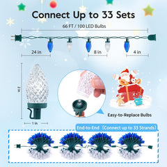 C9 LED Christmas String Lights, 66ft 100 LED Waterproof Strawberry String Lights, Plug-in Extendable Green Wire Lights, Blue and White