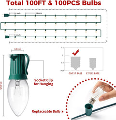 100FT Plug in 100 C9 Clear Bulbs Bright & Warm Christmas String Lights for Home Decor, Green Wire
