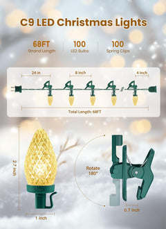 68Ft Plug in 100 LED C9 Christmas String Lights with Quick Clips for Roofline Patio Decor, Warm White