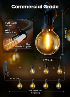 38FT Solar Powered G40 16 LED Bulbs String Lights for Patio Garden Cafe Wedding Deck