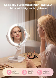 Rechargeable Foldable 1X & 10X Magnification Makeup Mirror with Lights and Smart Battery Display
