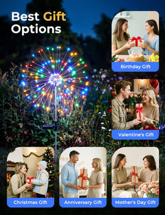 2 Pack 180 LED Firework Solar Powered Stake Lights for Christmas Independence Day, Red/Yellow/Blue/Green