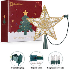 Christmas Star Tree Topper, 9.5 in Plug in Golden Glittered 3D Star Tree Topper, Metal Hollow Designed Built-in 10 Bulbs String Lights for Indoor Office Christmas New Year Holiday Tree Decoration
