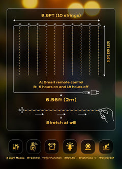 9.8 FT 300 LED Curtain String Lights with Remote, 8 Modes, Multicolor