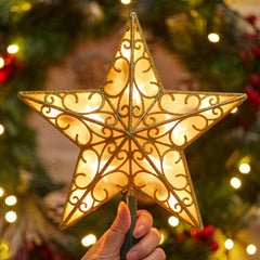 Christmas Star Tree Topper, 9.5 in Plug in Golden Glittered 3D Star Tree Topper, Metal Hollow Designed Built-in 10 Bulbs String Lights for Indoor Office Christmas New Year Holiday Tree Decoration