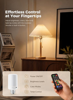2 Pack E26 Rechargeable 5200mAh Light Bulbs with Remote for Lamps, Timer & 9 RGB Colors