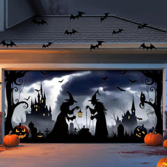 7x16ft Halloween Garage Cover for 2-Car Garage Door with Magnetic Hook and Ropes, Black Witches