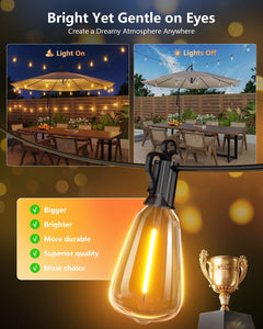 100FT Solar String Lights Outdoor Waterproof with Remote, 31+1 LED Shatterproof Bulbs, Dimmable & Timable, 3 Light Modes