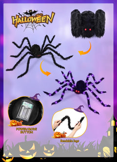 4.9 ft 38 LED Battery Oprated Light Up Black Hairy Giant Spider Halloween Decorations, Purple