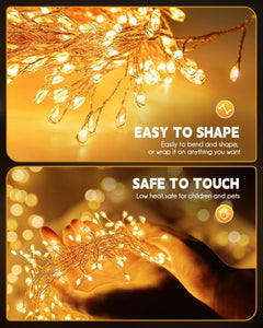 2 Pack Total 39.2Ft 480 LED Solar Powered Fairy Firecracker String Lights with 8 Modes for Patio Garden Yard, Warm White