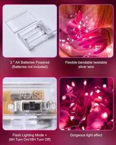 Pink 5ft 60 LED Battery Operated Silver Wire Firecracker Lights for Valentine Wedding DIY Decor