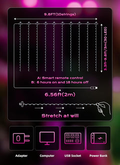 300 LED USB Powered Dimmable Window Curtain Lights with Remote, Pink