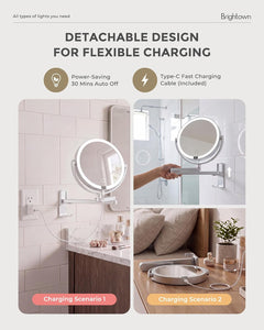 4000mAh Rechargeable Wall Mounted Lighted Makeup Mirror, 3 Color Lights & Smart LED Digital Display