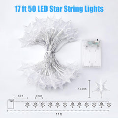 Star String Lights - 17 FT, 50 LED, White, Battery Operated