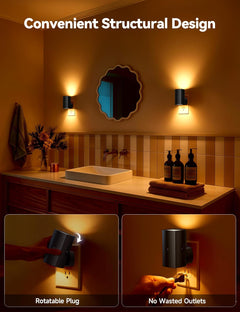 2 Pack Black Plug in Night Lights with Rotating Plug & Light Sensor for Bathroom Bedroom, Amber Light