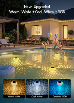 2Pack 2 in 1 Solar Powered RGBWW Floating Pool Lights with Chlorine Floater & Remote, 20+ Light Effects