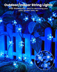 Solar Powered 26ft 60 LED Flowers String Lights for Garden Yard Fence Decor, Blue