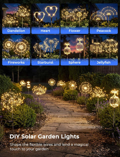 2 Pack 150 LED Firework Solar Powered Stake Lights for Garden Yard Pathway,Warm White