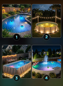 2Pack 2 in 1 Solar Powered RGBWW Floating Pool Lights with Chlorine Floater & Remote, 20+ Light Effects